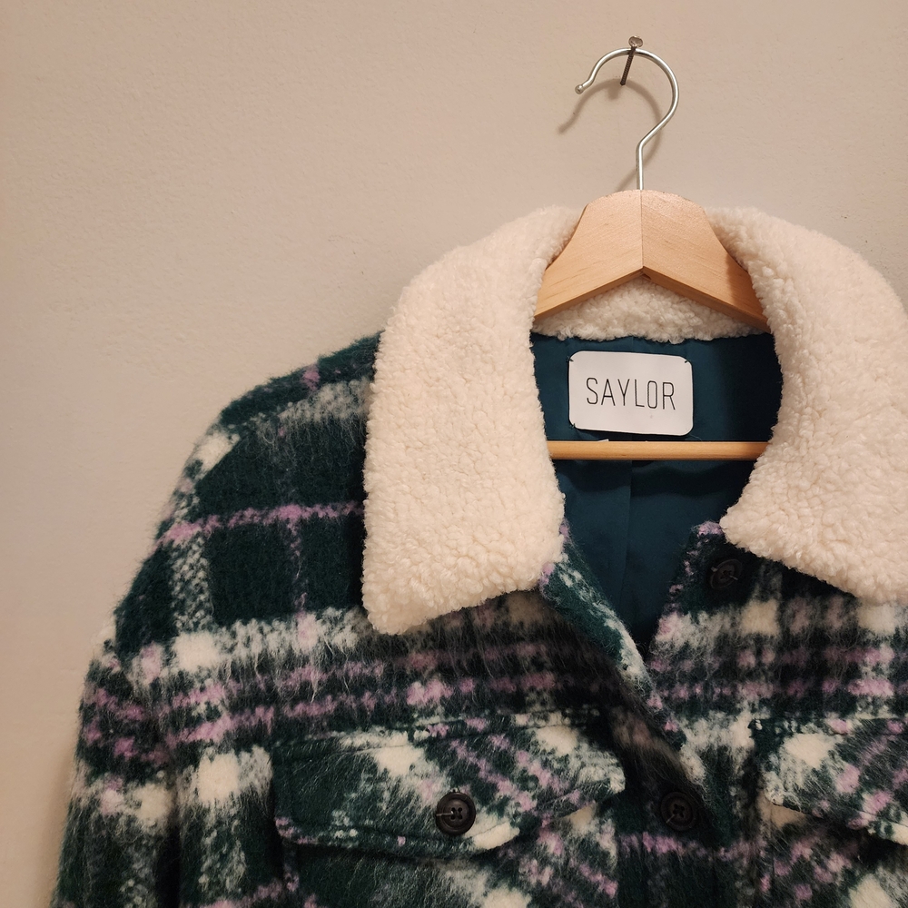 SAYLOR Plaid Teddy Jacket with Cream Collar
